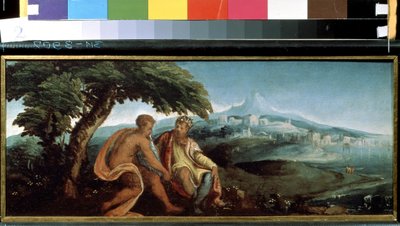 Král Midas a Pan (Král Midas a Pan). Obraz Andrea Schiavone (asi 1520-1582). Olej na plátně od Andrea Schiavone