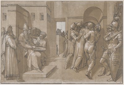 Kristus je odváděn pryč, vojáci stojí na pravé straně listu, 1585. od Andrea Andreani