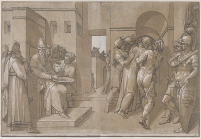 Pilát vlevo si myje ruce na levé straně prostěradla, 1585. od Andrea Andreani
