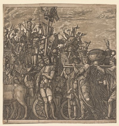 Triumf Julia Caesara: Vojáci pochodující s válečnými trofejemi, 1593-99. od Andrea Andreani
