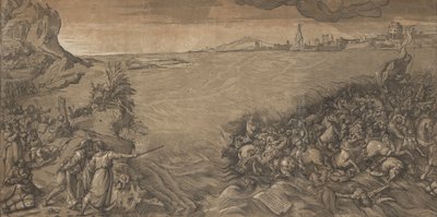 Přechod přes Rudé moře, Mojžíš stojí vlevo a ukazuje na ponořenou armádu..., 1589. od Andrea Andreani