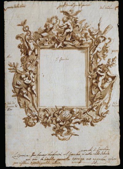 Ortogonální kresba pro alegorický rám, cca 1700, Andrea Brustolon (1662-1732), akvarelové pero na bílém papíře, Itálie od Andrea Brustolon