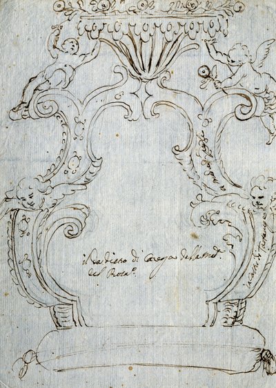 Náčrt opěradla židle, cca 1715, od Andrea Brustolon (1662-1732), tužka a pero na bílém papíře, Itálie od Andrea Brustolon