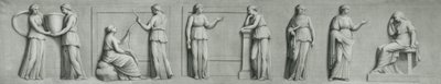 Grisaille panel zobrazující ženské postavy včetně múz od Andrea Casali