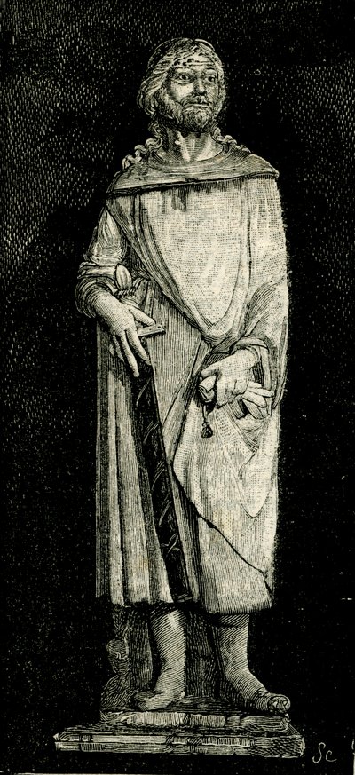 Julian the Hospitaller, socha Andrea Della Robbia (1435-1525 nebo 1528), oratoř Madonna del Buon Consiglio, Prato, Toskánsko, Itálie, dřevoryt z Le cento citta d