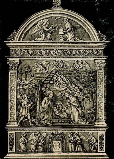 Narození Páně, terakotový oltář od Andrea della Robbia, z kostela Saint Clare, Občanské muzeum Sansepolcro, Toskánsko, Itálie, dřevoryt z Le cento citta d