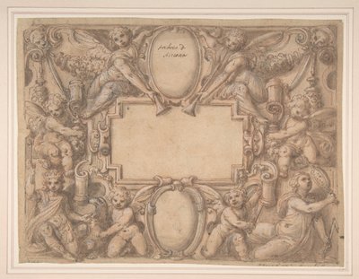 Kartuše a dva štíty obklopené alegorickými figurami., 1570-1631. od Andrea Lilli