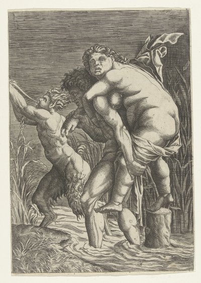 Muž nese ženu na zádech a satyra od Andrea Mantegna (school of)