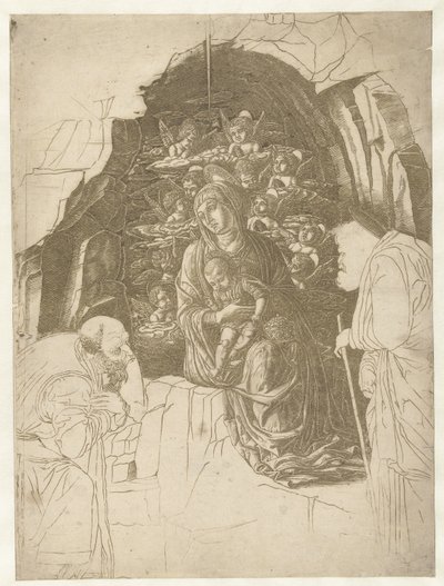 Marie s dítětem obklopená anděly v jeskyni s Josefem a králem v adoraci od Andrea Mantegna (school of)