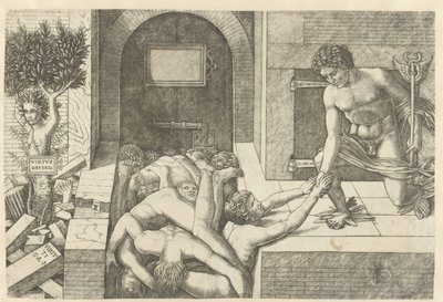 Merkur jako zosobnění Ctnosti zachraňuje duše v Limbu a Daphne se proměňuje ve strom Virtus Deserta (název na objektu) od Andrea Mantegna (school of)