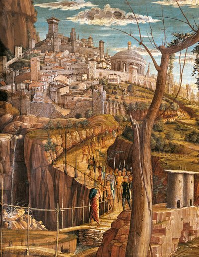 Agónie v zahradě Andrea Mantegna (1431-1506), tempera na dřevě, 71x94 cm, detailní pohled na Jeruzalém od Andrea Mantegna