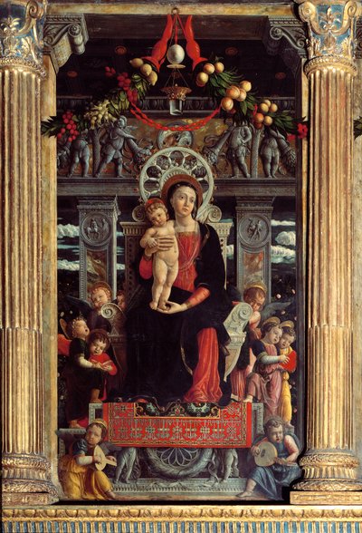 Oltářní obraz san Zeno: centrální panel “”Madona a dítě s devíti anděly”” Obraz Andrea Mantegna (1431-1506) 1457-1459 Verone, Basilica di San Zeno, Itálie od Andrea Mantegna