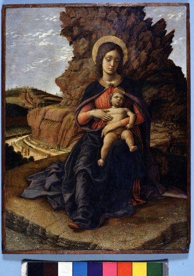 Andrea Mantegna, „Panna z lomů““: Panna a dítě a na pozadí kamenné lomy s dělníky při práci, Galerie Uffizi, Florencie od Andrea Mantegna