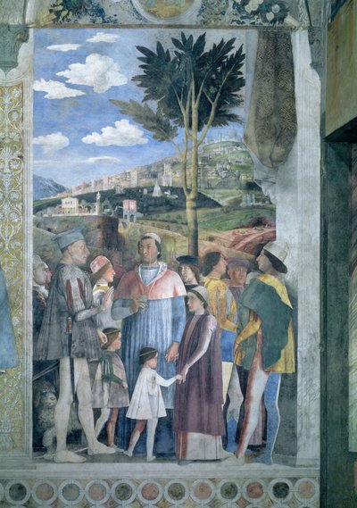 Příjezd kardinála Francesca Gonzagy, kterého pozdravil jeho otec Marchese Ludovico Gonzaga III. vládl 1444-78 a jeho bratři, z Camera degli Sposi nebo Camera Picta, 1465-74 detail fresky z 78449 od Andrea Mantegna