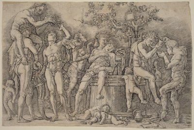 Bakchanálie s kádí na víno od Andrea Mantegna