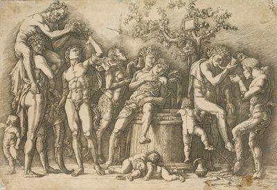 Bacchanal s vinnou kádí, cca 1470-90 (rytina a suchá jehla) od Andrea Mantegna