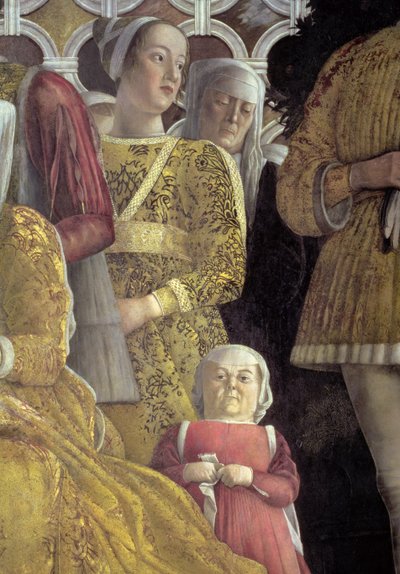 Trpaslík a další dvořané ze skupinového portrétu rodiny a dvora Marchese Ludovica Gonzagy III z Mantovy, z Camera degli Sposi nebo Camera Picta, 1465-74 detail fresky z 78449 od Andrea Mantegna