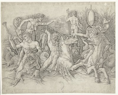 Bitva mezi satyry na hippocampu a stařenou jako zosobněním závisti stojící na dračím hřbetě Bitva mořských bohů od Andrea Mantegna