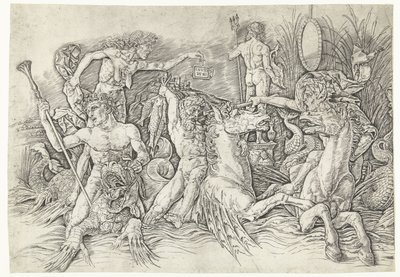 Bitva mezi satyry na hipokampech a stařenou jako zosobněním závisti stojící na hřbetě draka Bitva mořských bohů od Andrea Mantegna