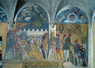 Marchese Ludovico Gonzaga III, jeho manželka Barbara Braniborská, jejich děti, dvořané a jejich pes Rubino, z Camera degli Sposi neboli Camera Picta, 1465-74 od Andrea Mantegna