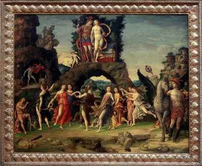 Mars a Venuše nebo Parnas. Obraz zobrazující Mars a Venuši na skále, Pegase a Merkur, Apollo a devět múz Calliope (epická poezie), Clio (historie), Erato (lyrické umění), Euterpe (hudba), Melpomene (tragédie), Polymnie (rétorika), Terpsichore od Andrea Mantegna