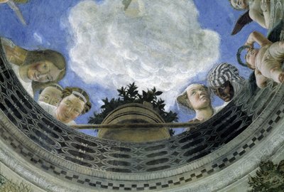 Occulus stropu domu manželů, vévodský palác v Mantově, Itálie (Camera degli Sposi, Palazzo Ducale, Mantova): detail alegorických postav a putti. Freska Andrea Mantegna (1431-1506) od Andrea Mantegna