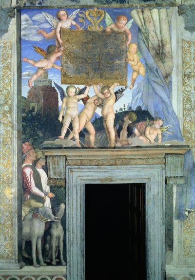 Putti s motýlími křídly podpírajícími zasvěcovací plaketu s loveckými psy a jejich psovody níže, z Camera degli Sposi nebo Camera Picta, 1465-74 detail fresky z 78449 od Andrea Mantegna