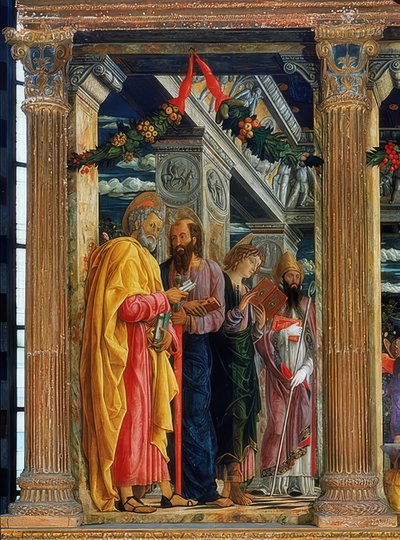 Oltář San Zeno. Levá strana. 1457-1460. Zobrazeni jsou Šimon Petr, Pavel z Tarsu, Jan Evangelista a Zenon z Verony. od Andrea Mantegna