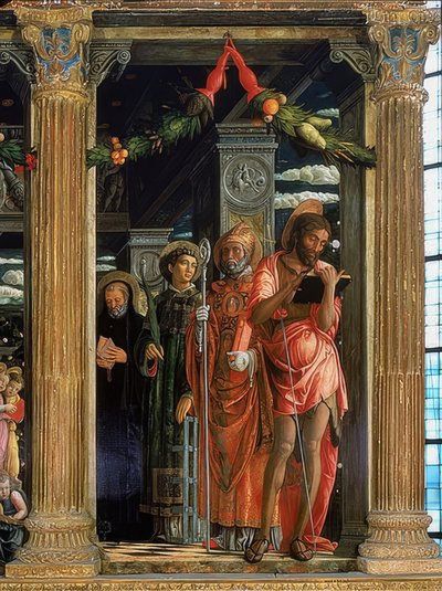 Oltář San Zeno. Pravá strana. 1457-1460. Detail ukazuje Jana Křtitele, Vavřince Římského, Augustina z Hrocha a Benedikta z Nursie od Andrea Mantegna