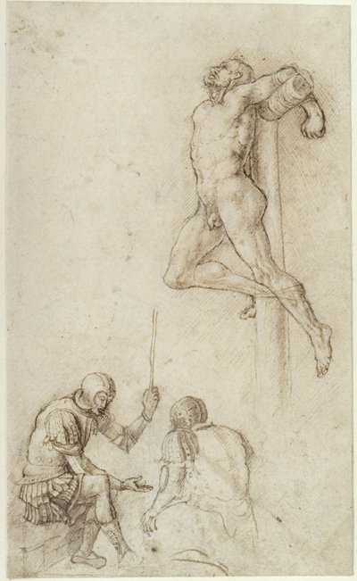 Lotři na kříži, pod nimi dva vojáci hrající v kostky od Andrea Mantegna