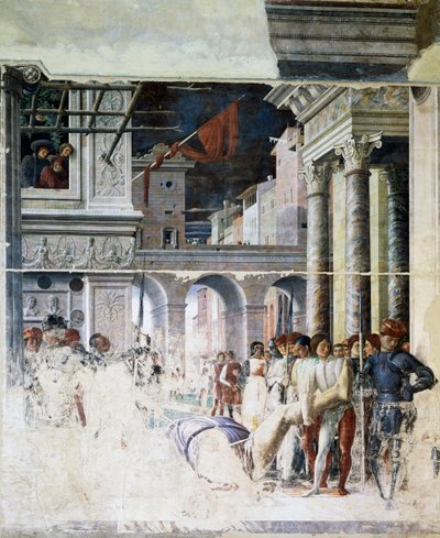 Převoz sťatého těla svatého Kryštofa, detail z Mučednictví svatého Kryštofa od Andrea Mantegna