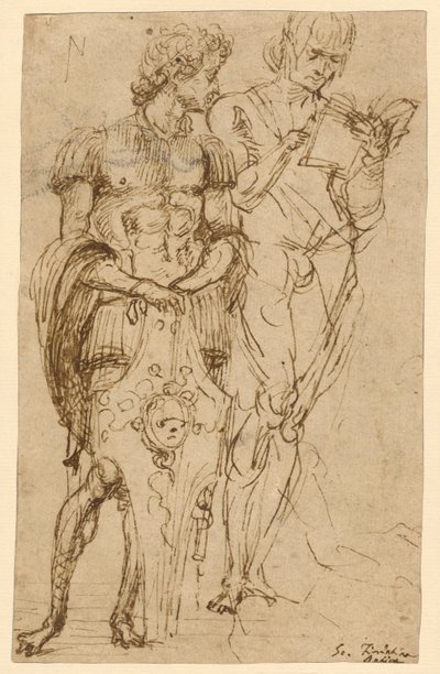 Dvě stojící mužské postavy (recto); ležící muž a další studie (verso) od Andrea Mantegna