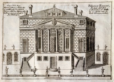 Hlavní průčelí Villa Foscari známé jako La Malcontenta, Mira, navržené Andrea Palladio (1508-1580), rytina z podél kanálu Brenta, téměř městské části Benátky, Vincenzo Coronelli (1650-1718), Benátky od Andrea Palladio