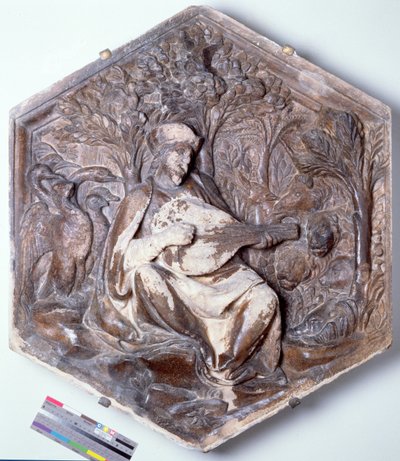 Poezie, šestihranná dekorativní reliéfní dlaždice ze série zobrazující Sedm svobodných umění, možná podle návrhů Giotta (asi 1266-1337) asi 1334-48 (mramor) od Andrea Pisano