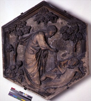 The Creation of Adam, šestihranná dekorativní reliéfní dlaždice ze série ilustrující epizody z Genesis, možná podle návrhů Giotta (asi 1266-1337) asi 1334-48 (mramor) od Andrea Pisano