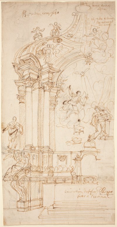 Baldachýn s obrazem Zvěstování Panny Marie, asi 1708 nebo později (kresba perem a tuší) od Andrea Pozzo