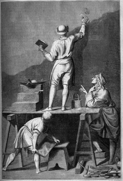 Příprava omítky pro freskovou malbu (affresco). Kresba Chevignard od Andrea Pozzo. od Andrea Pozzo