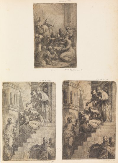 Klanění tří králů, Krista a žen na schodišti, ca. 1541-44. od Andrea Schiavone