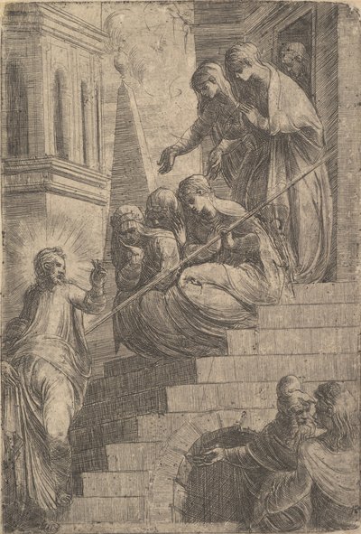 Kristus oslovuje skupinu žen sedících a stojících na schodech, ca. 1541-44. od Andrea Schiavone