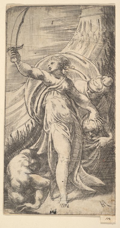 Judith zvedla svůj meč v pravé ruce a položila hlavu Holoferna do sa..., ca. 1542-45. od Andrea Schiavone