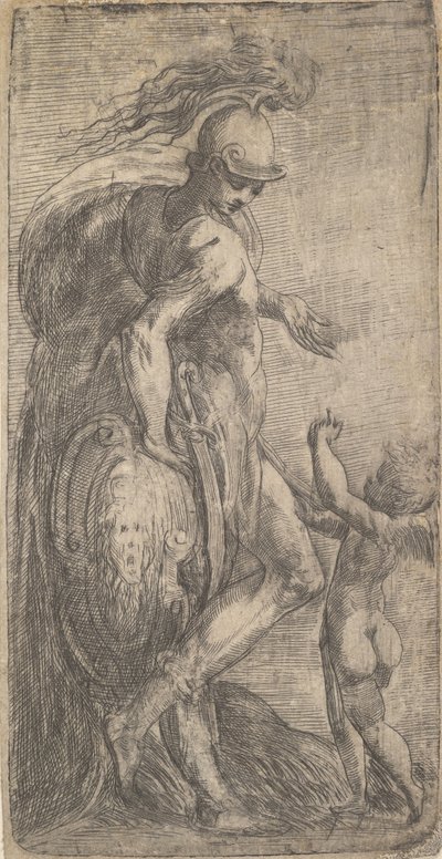 Mars stojící vlevo opřený o štít, Amor vpravo, ca. 1542-46. od Andrea Schiavone