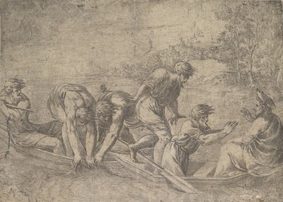 Zázračný tah ryb, Kristus po pravici doprovázený apoštoly v..., cca 1548-52. od Andrea Schiavone