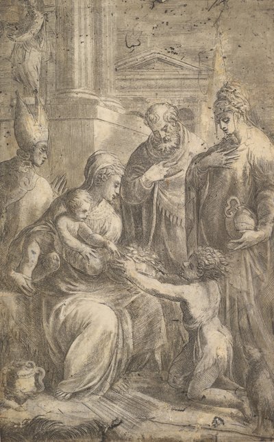Různí svatí, kteří jsou svědky Jana Křtitele, holdují Jezulátku. od Andrea Schiavone