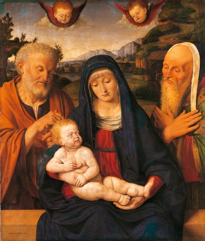 Madona s dítětem se svatými Josefem a Simeonem od Andrea Solario (1470-1524), tempera a olej na panelu, přeneseno na plátno od Andrea Solario