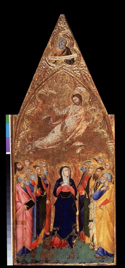 "Nanebevstoupení Krista"" Níže Panna Maria a apoštolové pozorují Ježíše Krista. Nahoře znázornění proroka Jeremiáše. Tempera na dřevě od Andrea Vanni (1332-1414) 1355-1360 Rozměr 68x28 cm Muzeum Ermitáž, Petrohrad (Saint-Petersbo od Andrea Vanni
