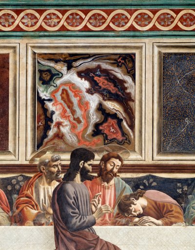 Poslední večeře, detail spícího Petra, Ježíše a Jana s Jidášem (Freska od Andrea del Castagno