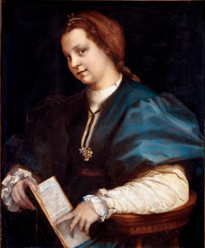 Portrét neznámé (Paní v Petrarchinu, žena drží v rukou kopii „Canzoniere““ od Petrarca (Petrarca) Dřevomalba Andrea del Sarto (1486-1530) 1528 cca ne. 84x69 cm Florencie, Galleria degli Uffizi (kanceláře) od Andrea del Sarto