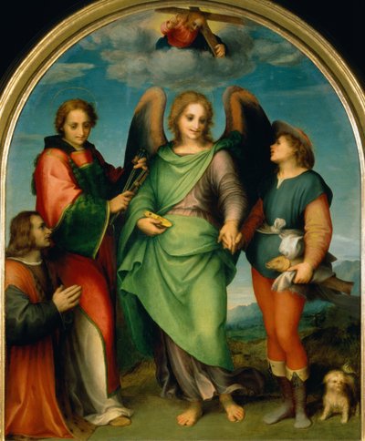 Archanděl Rafael s Tobiášem, svatým Vavřincem a dárcem, Leonardo di Lorenzo Morelli, 1512 od Andrea del Sarto