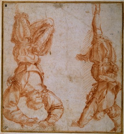 Dvě studie muže zavěšeného za levou nohu (červená křída na krémovém papíře) od Andrea del Sarto