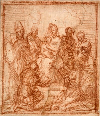 ""Madona a dítě na trůnu s osmi svatými"" (Trůnící Madona s dítětem a osmi svatými (studie kompozice)) Kresba sangvinik Andrea del Sarto (1486-1531) 1528 Sangvinik na papíře Rozměr 15,6x13,5 cm Staatliche Museen, Berlín od Andrea del Sarto